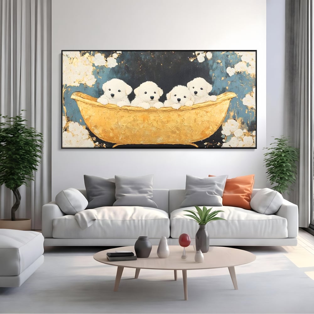 Tablou canvas cu tablou canvas cu catei in cada, in rama de aluminiu negru, pe perete intr-un living